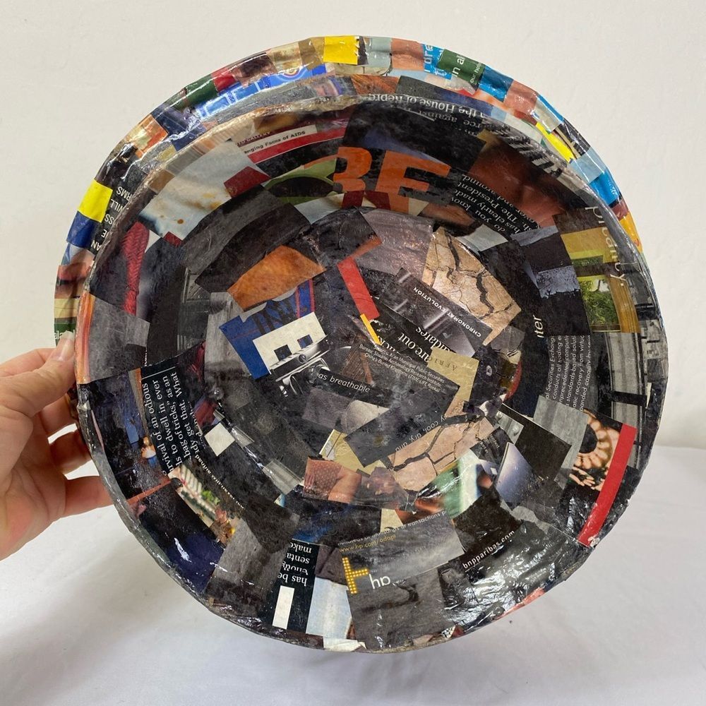 Recycled Multicolor Paper Pedestal Bowl - Eco Accent Retro Paper Machete - Picture 5 of 10